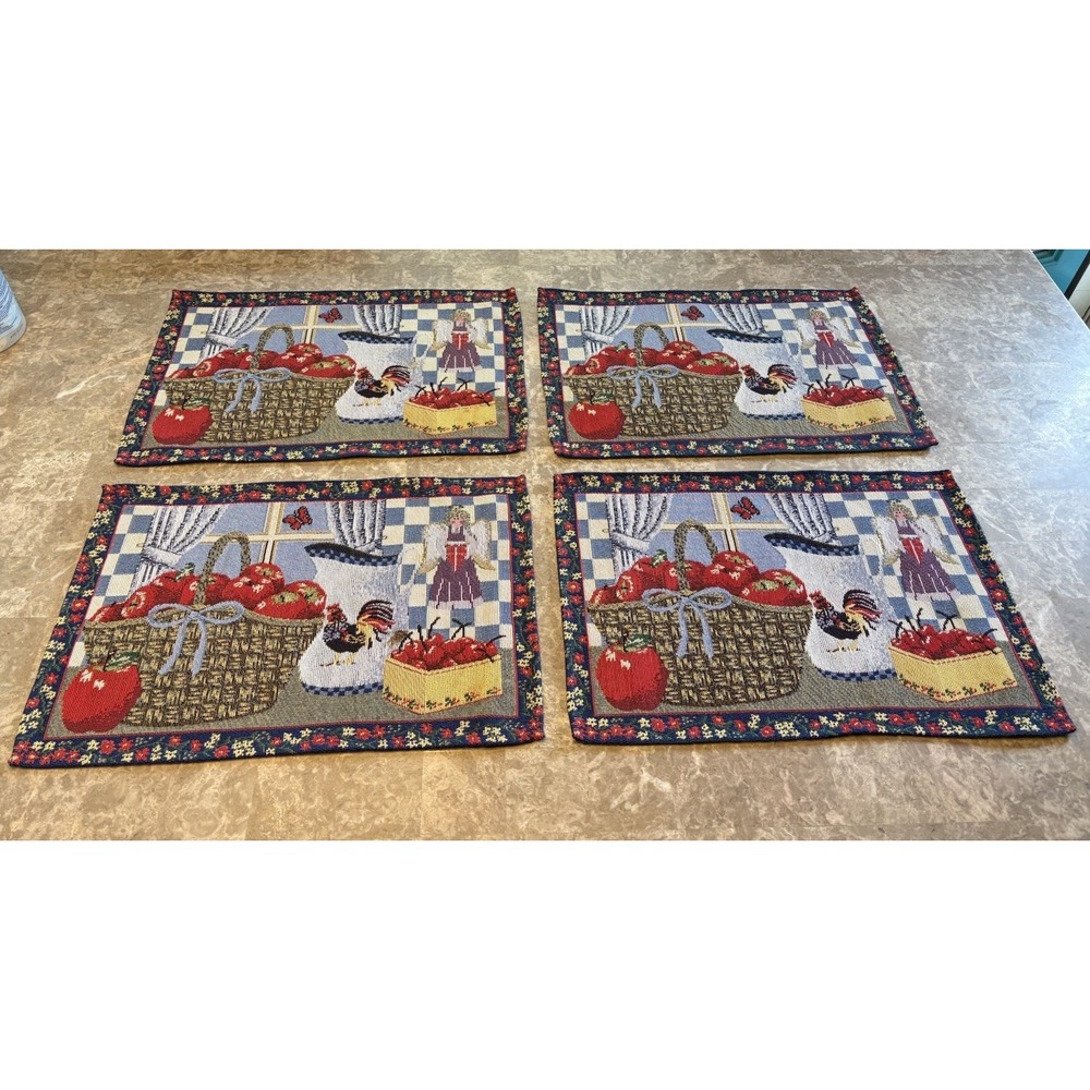 Vintage Country Farmhouse Woven Tapestry Placemats Set of 4 Rooster Apple Angel
